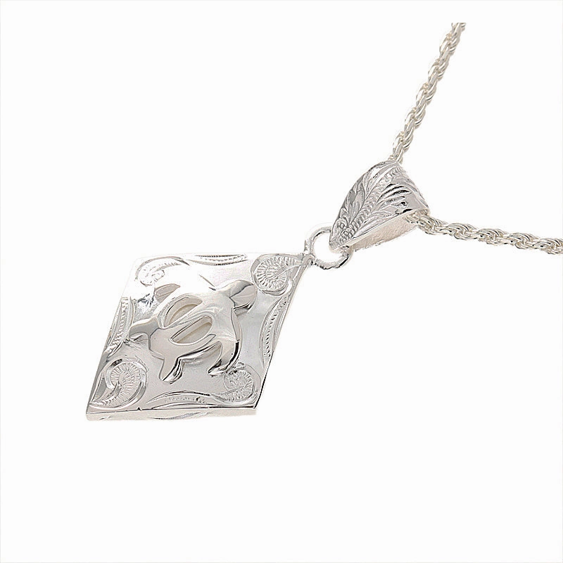 Sterling Silver Scroll Honu (Turtle) in Diamond Shape Raised Pendant (Chain Sold Separately)