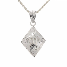 Sterling Silver Scroll Honu (Turtle) in Diamond Shape Raised Pendant (Chain Sold Separately)