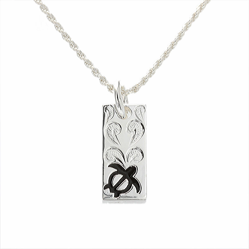 Sterling Silver Scroll with Black Enamel Honu (Turtle) Vertical Pendant (Chain Sold Separately)