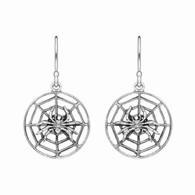 Sterling Silver Spider In Web Hook Drop Earrings