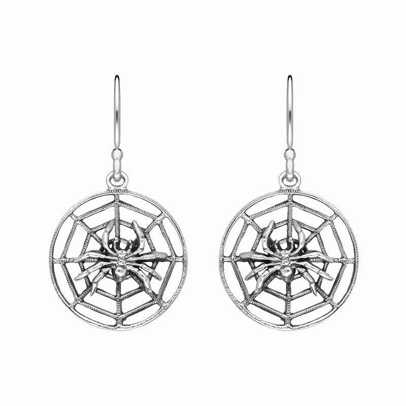 Sterling Silver Spider In Web Hook Drop Earrings