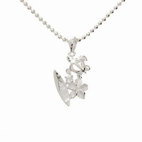 Sterling Silver Surfboard, Honu (Turtle), Plumeria and CZ Pendant (Chain Sold Separately)
