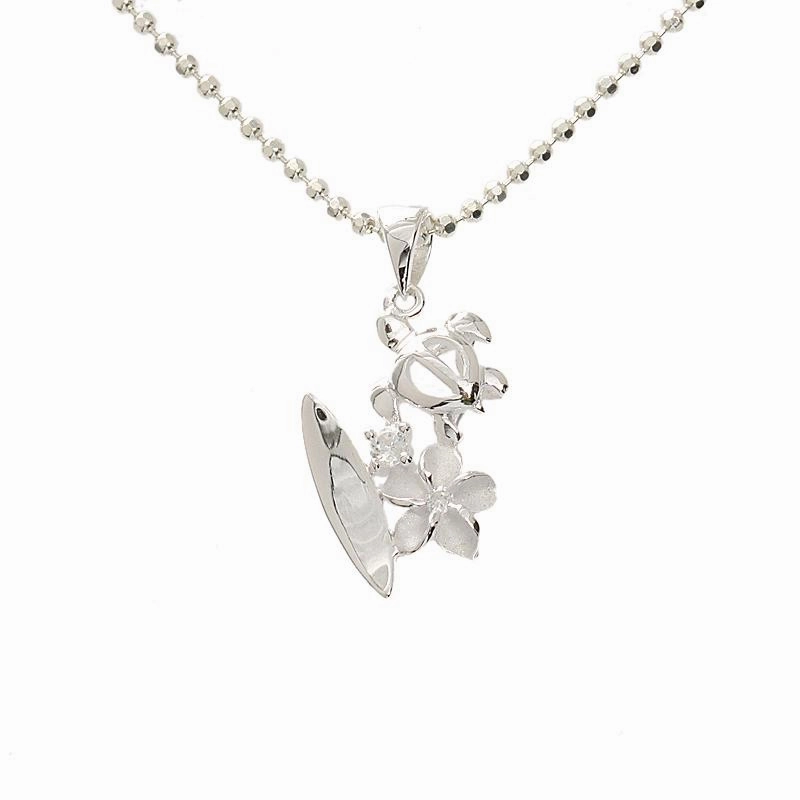 Sterling Silver Surfboard, Honu (Turtle), Plumeria and CZ Pendant (Chain Sold Separately)