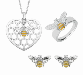 Sterling Silver Swarovski Crystal Enamel Bee In Beehive Three Piece Set