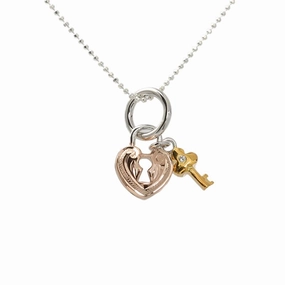 Sterling Silver Tri-Color Plated Hawaiian Scroll Heart with Lock and Key Pendant (Chain Sold Separately)
