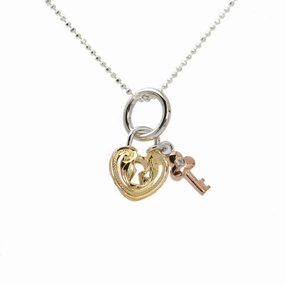 Sterling Silver Tri-Color Plated Hawaiian Scroll Heart with Lock and Key Pendant (Chain Sold Separately)