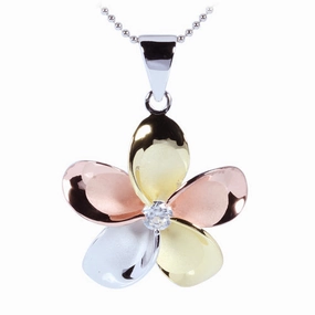 Sterling Silver Tri-Color Plumeria with CZ Pendant (M/L) (Chain Sold Separately)