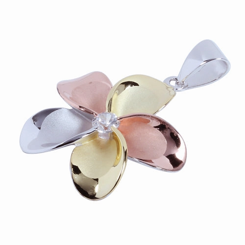 Sterling Silver Tri-Color Plumeria with CZ Pendant (M/L) (Chain Sold Separately)