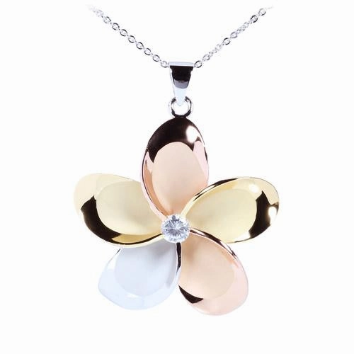 Sterling Silver Tri-Color Plumeria with CZ Pendant (M/L) (Chain Sold Separately)