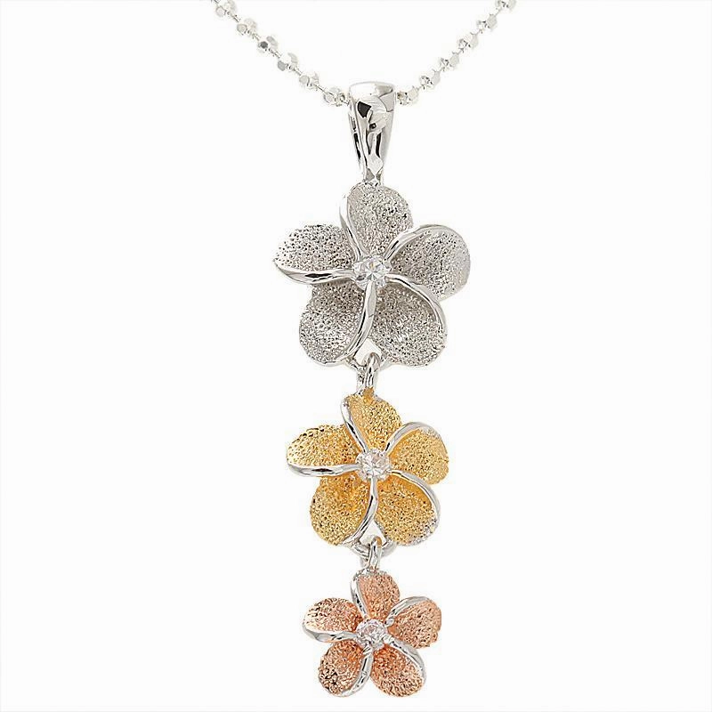 Sterling Silver Tri-Color Plumeria with CZ Sandblast Finish Pendant (M/L) (Chain Sold Separately)