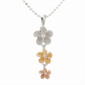 Sterling Silver Tri-Color Plumeria with CZ Sandblast Finish Pendant (M/L) (Chain Sold Separately)