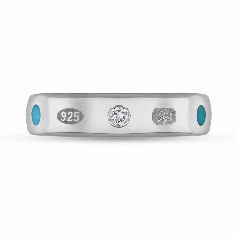 Sterling Silver Turquoise 0.08ct Diamond Queen's Jubilee Hallmark 5mm Ring D
