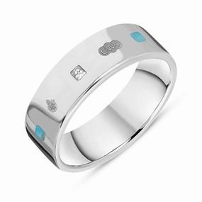 Sterling Silver Turquoise 0.18ct Diamond Queen's Jubilee Hallmark Princess Cut 6mm Ring D