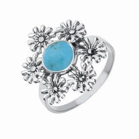 Sterling Silver Turquoise Marcasite 6 Flower Petal Ring