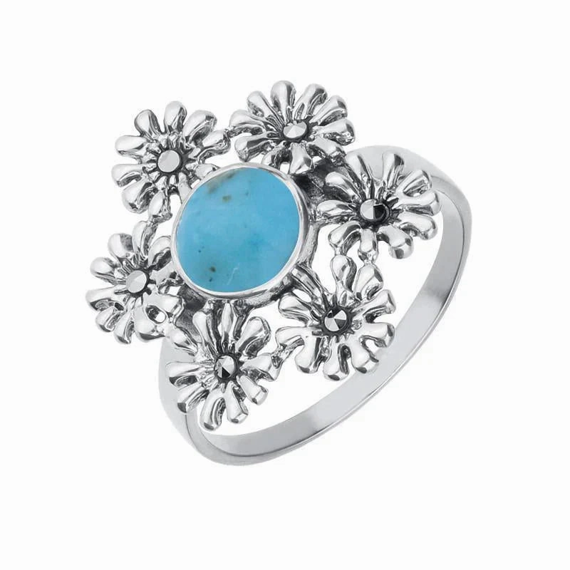 Sterling Silver Turquoise Marcasite 6 Flower Petal Ring