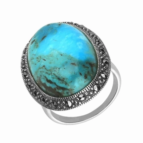 Sterling Silver Turquoise Marcasite Large Oval Ring