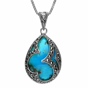 Sterling Silver Turquoise Marcasite Large Pear Shape Necklace