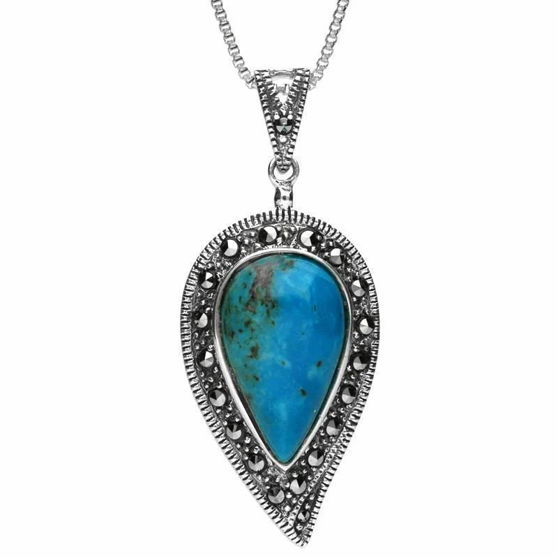 Sterling Silver Turquoise Marcasite Pear Necklace