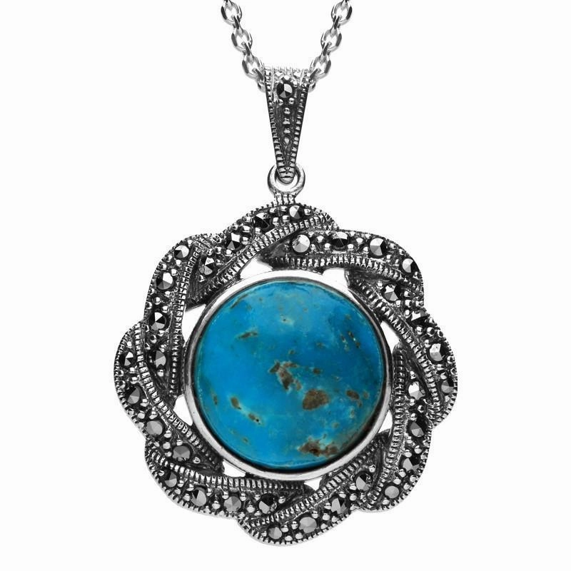 Sterling Silver Turquoise Marcasite Ribbon Edge Necklace