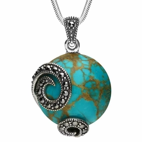 Sterling Silver Turquoise Marcasite Round Double Spiral Necklace