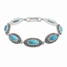 Sterling Silver Turquoise Marcasite Slim Oval Link Bracelet