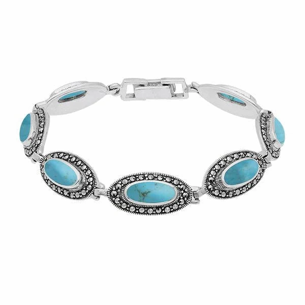 Sterling Silver Turquoise Marcasite Slim Oval Link Bracelet