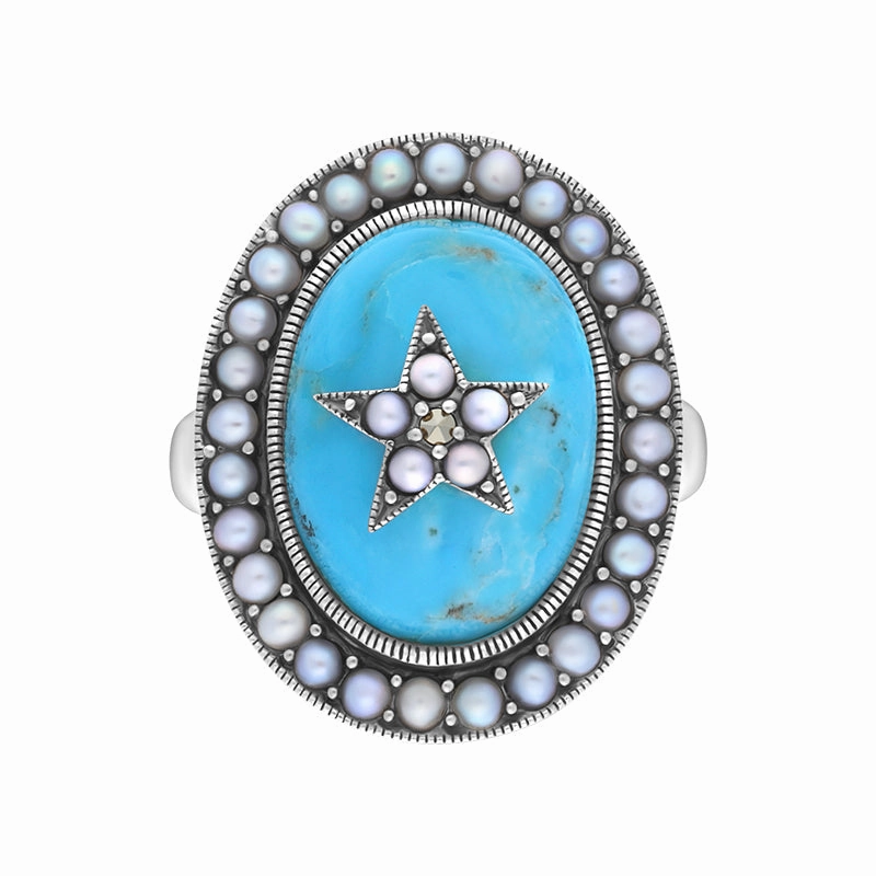 Sterling Silver Turquoise Pearl Framed Large Oval Ring
