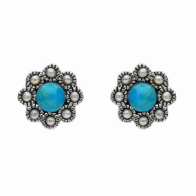 Sterling Silver Turquoise Pearl Round Edge Bead Stud Earrings