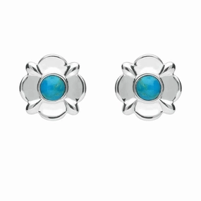 Sterling Silver Turquoise Round Four Petal Flower Stud Earrings