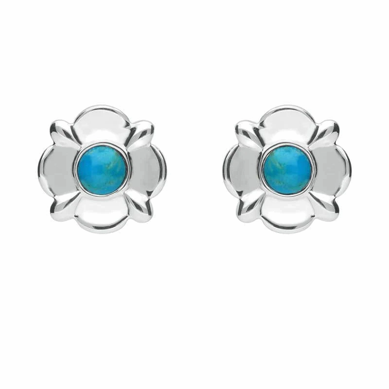 Sterling Silver Turquoise Round Four Petal Flower Stud Earrings