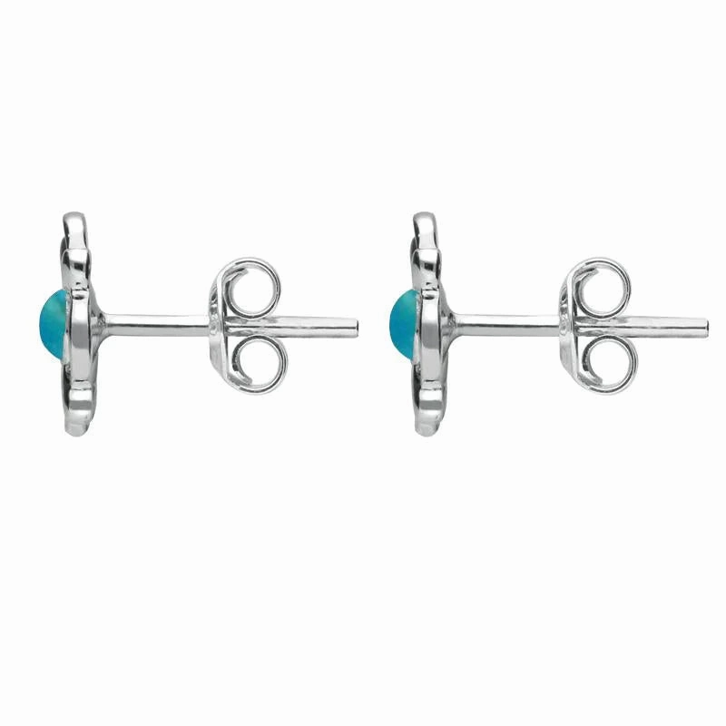 Sterling Silver Turquoise Round Four Petal Flower Stud Earrings