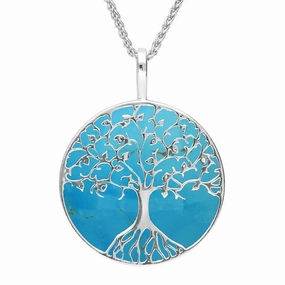 Sterling Silver Turquoise Round Tree Of Life Necklace