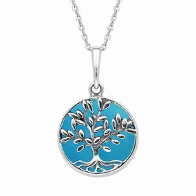 Sterling Silver Turquoise Small Round Large Leaves Tree of Life Necklace
