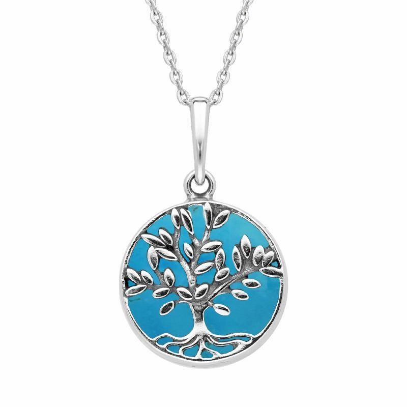 Sterling Silver Turquoise Small Round Large Leaves Tree of Life Necklace