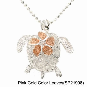 Sterling Silver Two Tone Pink Gold Plated 8mm Plumeria with CZ on Honu (Turtle) Sandblast Finish Pendant (Chain Sold Separately)