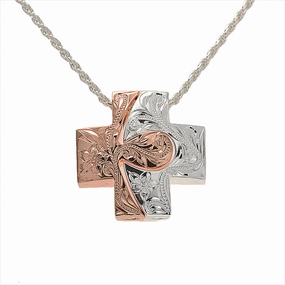 Sterling Silver Two-Tone Pink Gold Plated Hawaiian Scroll Cross Puzzle Pendant (Chain Sold Separately)