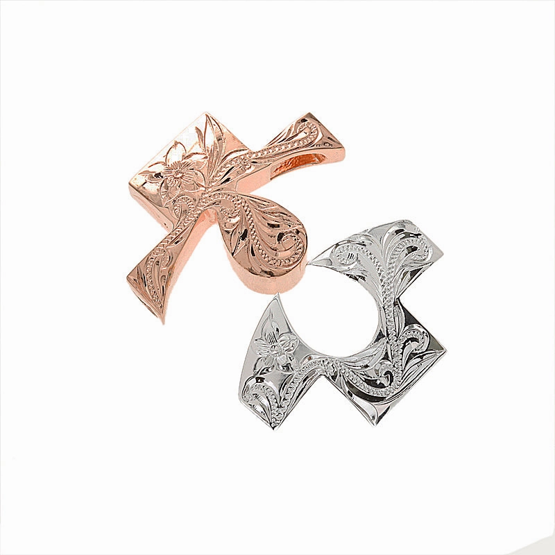 Sterling Silver Two-Tone Pink Gold Plated Hawaiian Scroll Cross Puzzle Pendant (Chain Sold Separately)