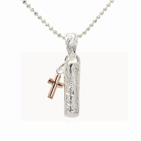 Sterling Silver Two Tone Pink Gold Plated Hawaiian Scroll Tube with Cross Pendant (Chain Sold Separately)