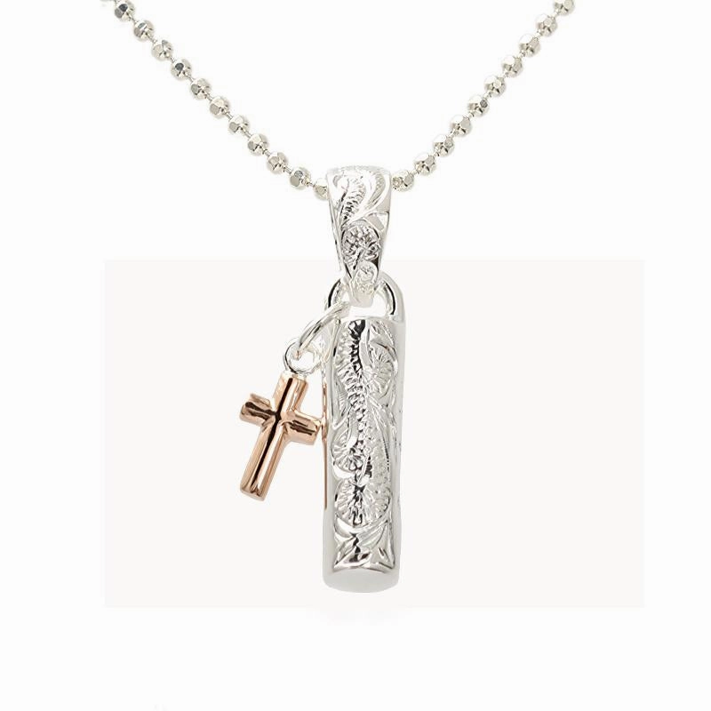 Sterling Silver Two Tone Pink Gold Plated Hawaiian Scroll Tube with Cross Pendant (Chain Sold Separately)