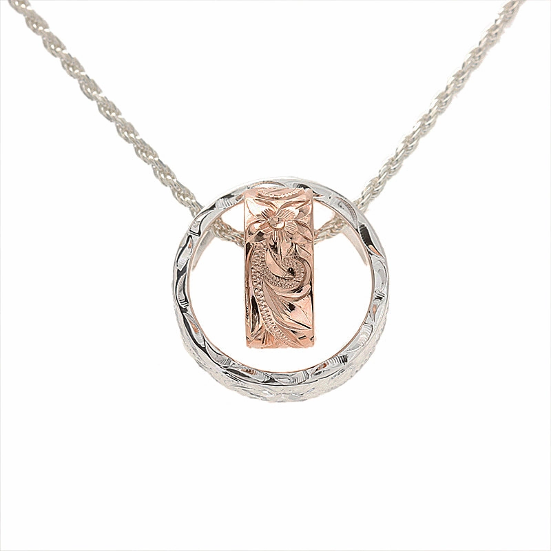 Sterling Silver Two-Tone Pink Gold Plated Hawaiian Scroll Two Ring Pendant (Chain Sold Separately)