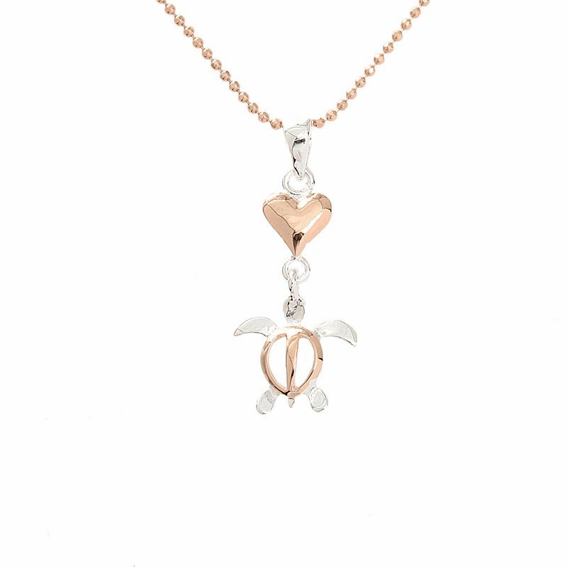 Sterling Silver Two Tone Pink Gold Plated Heart and Honu (Hawaiian Turtle) Pendant (Chain Sold Separately)