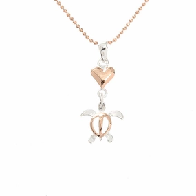 Sterling Silver Two Tone Pink Gold Plated Heart and Honu (Hawaiian Turtle) Pendant (Chain Sold Separately)