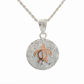 Sterling Silver Two-Tone Pink Gold Plated Honu (Turtle) Raised Scroll Plate Pendant (Chain Sold Separately)