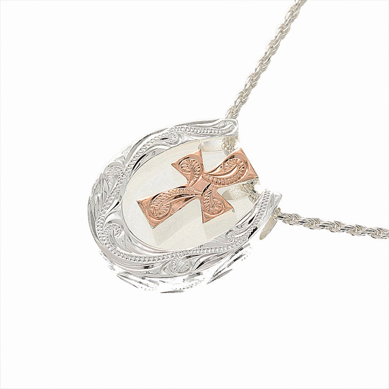 Sterling Silver Two-Tone Pink Gold Plated Scroll Cross and Horse Shoe Pendant (Chain Sold Separately)