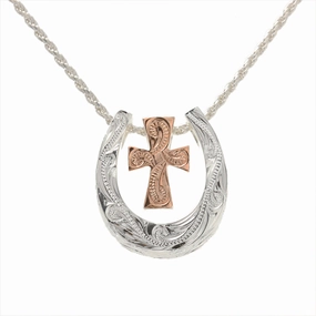 Sterling Silver Two-Tone Pink Gold Plated Scroll Cross and Horse Shoe Pendant (Chain Sold Separately)