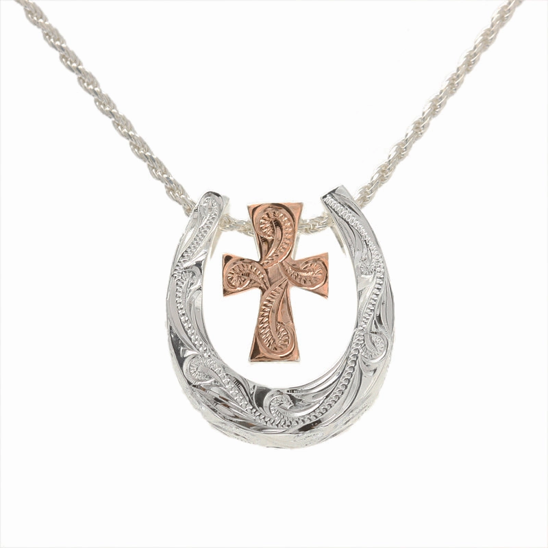 Sterling Silver Two-Tone Pink Gold Plated Scroll Cross and Horse Shoe Pendant (Chain Sold Separately)