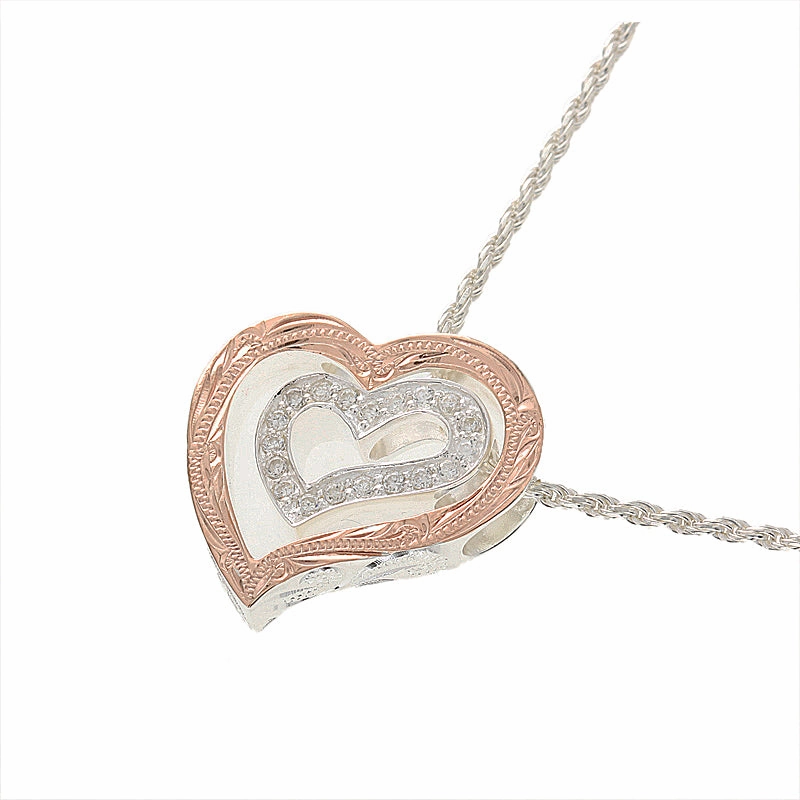 Sterling Silver Two Tone Pink Gold Plated Scroll Double Heart with CZ Pendant (Chain Sold Separately)