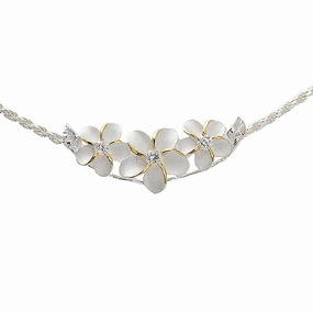 Sterling Silver Two-Tone Yellow Gold 3 Plumeria with CZ Slider Pendant (Chain Sold Separately)