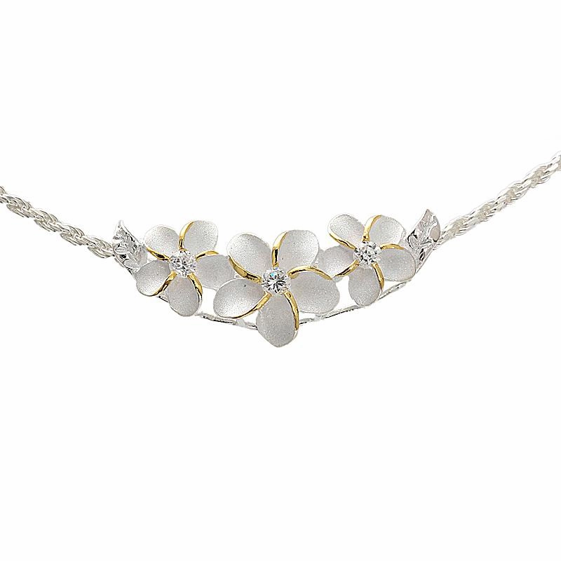 Sterling Silver Two-Tone Yellow Gold 3 Plumeria with CZ Slider Pendant (Chain Sold Separately)