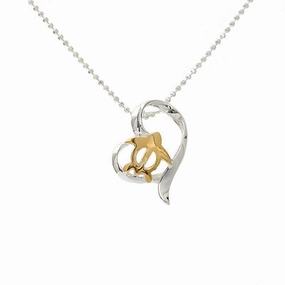 Sterling Silver Two-Tone Yellow Gold Honu (Hawaiian Turtle) in Heart Pendant (Chain Sold Separately)
